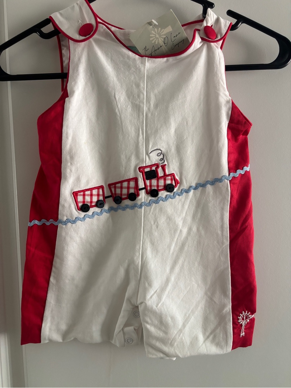 NWT Red & White Train Appliqué Baby Romper